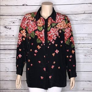Bob Mackie Art 1X Floral Silk Button Up Blouse